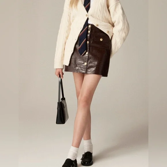 J. Crew Collection Mini Skirt Croc-Embellished Faux Leather Midnight Brown 00 - Picture 1 of 7